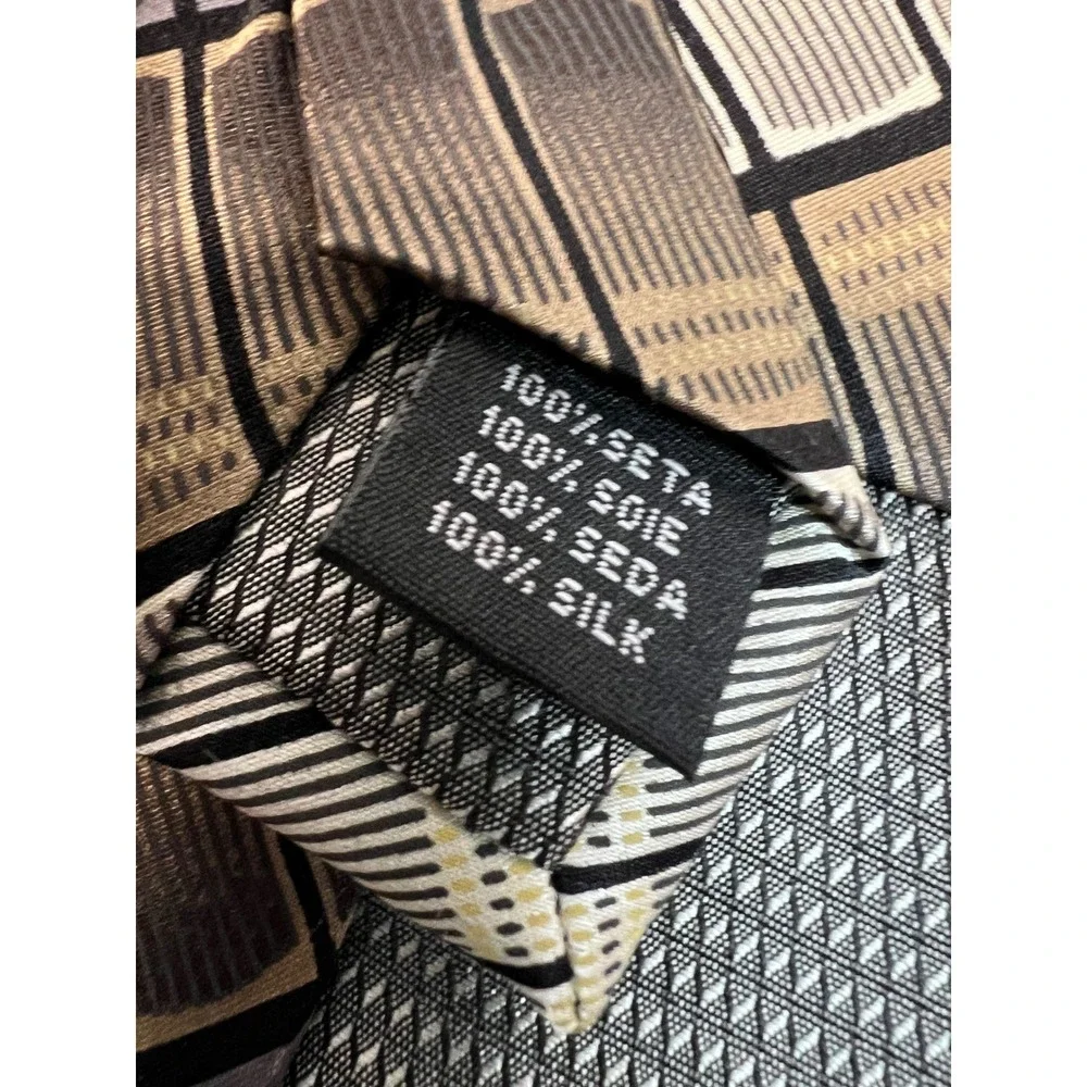 Valerio Garati Mens Silk Tie Grey Brown Cream Geometric Grid Handmade 60 Inch